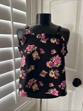Floral Ruffle-Trim Black Tank Top - Pink Floral